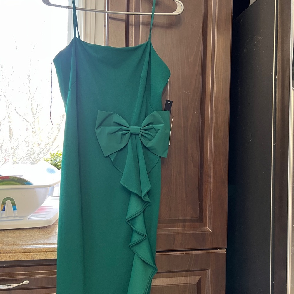 Adrianna Papell Asymmetrical Dress in Teal with Bow Detail